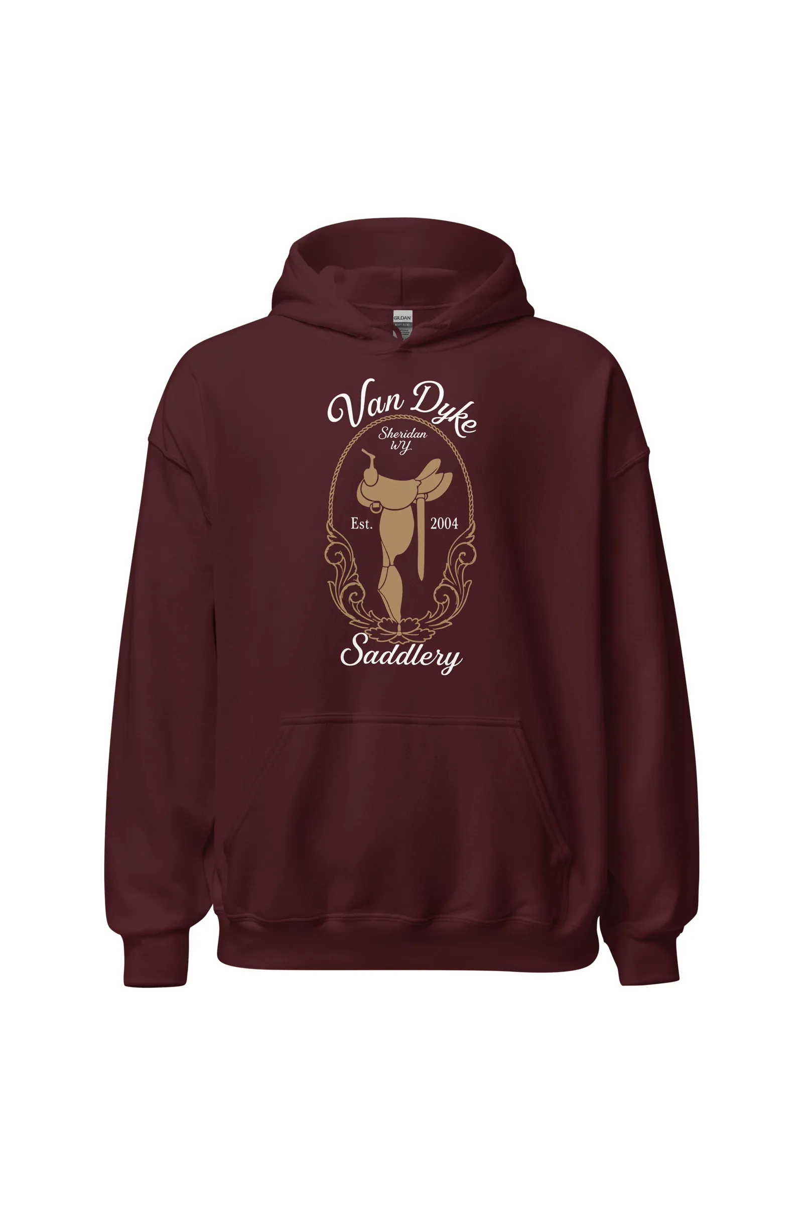 Maroon Van Dyke Saddlery hoodie with the saddle mark printed on the chest in tan