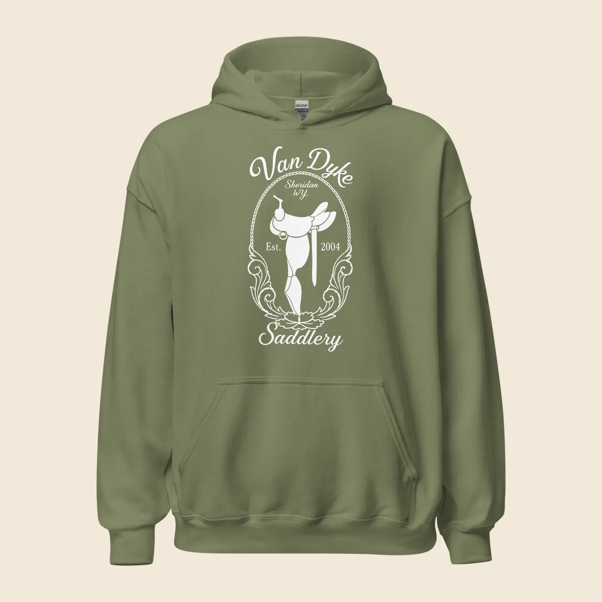 Military green Van Dyke Saddlery hoodie with the saddle mark printed in white