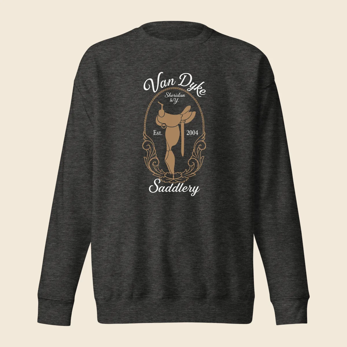 Charcoal heather Van Dyke Saddlery crew neck sweatshirt with the saddle mark printed in tan