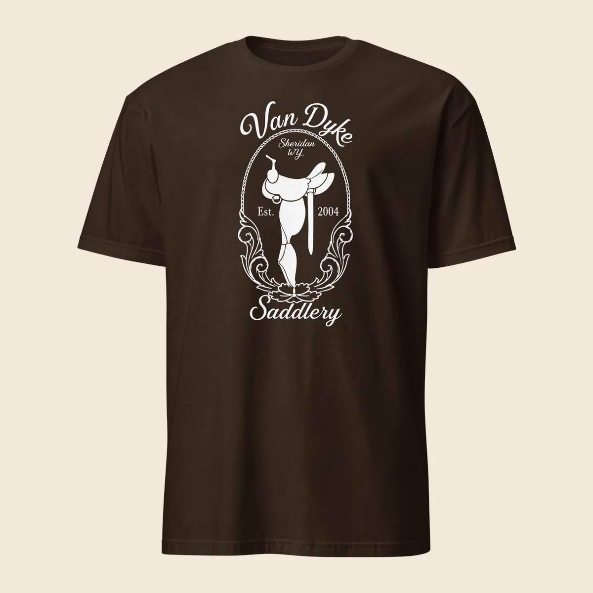 Dark chocolate Van Dyke Saddlery t-shirt with the saddle mark printed in white